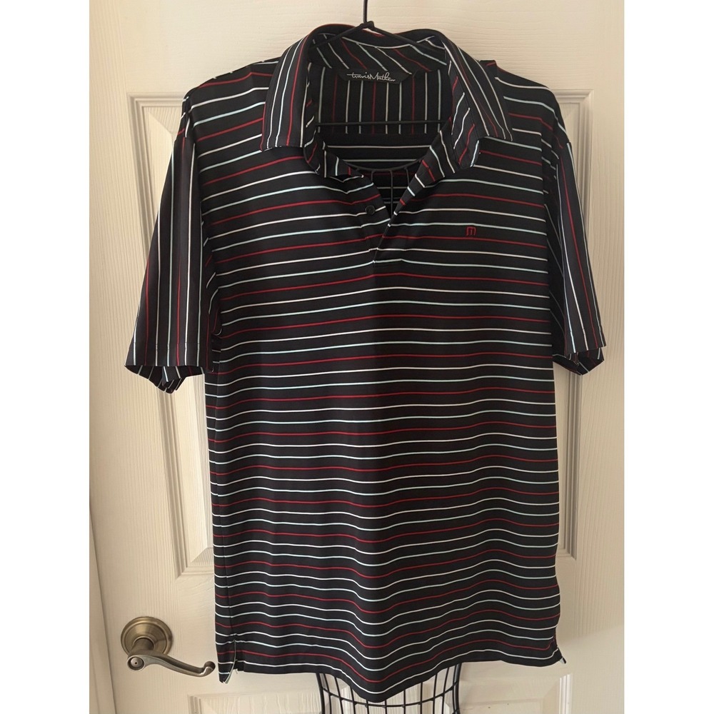 TravisMathew Golf Polo Shirt Men's Medium Black Multicolor Striped